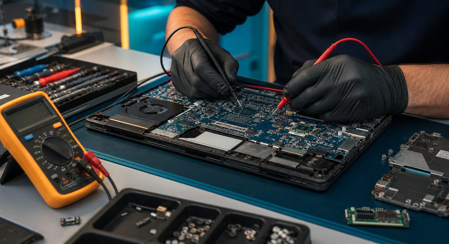 Diagnóstico técnico em placa de notebook com multímetro